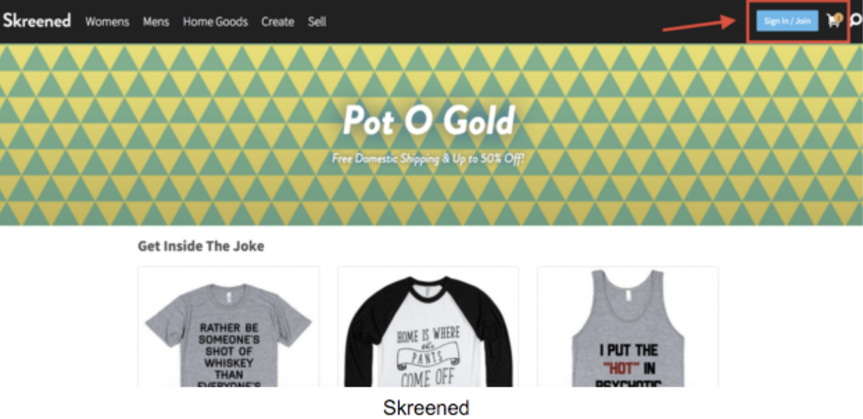 Screenshot of a purchase from Skreened showing T-Shirts and an item left in the cart without the customer signing into her account. This is an example of a customer retention strategy.