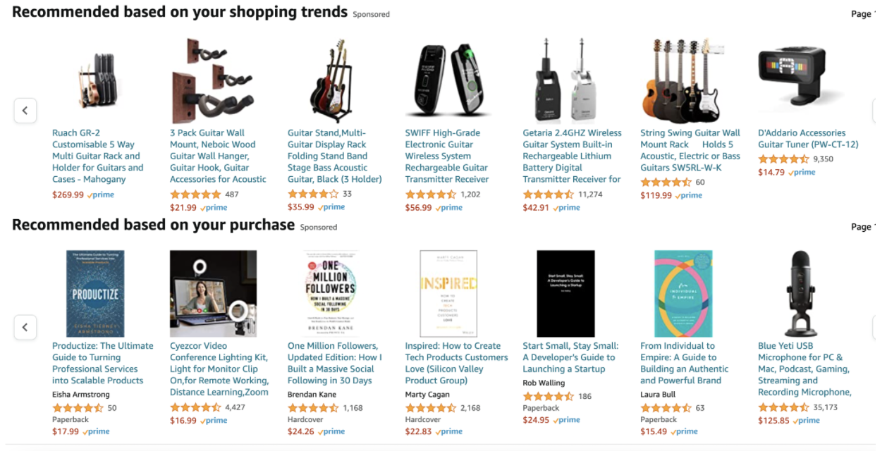 Screenshot of Amazon product recommendations as an example of a customer retention strategy