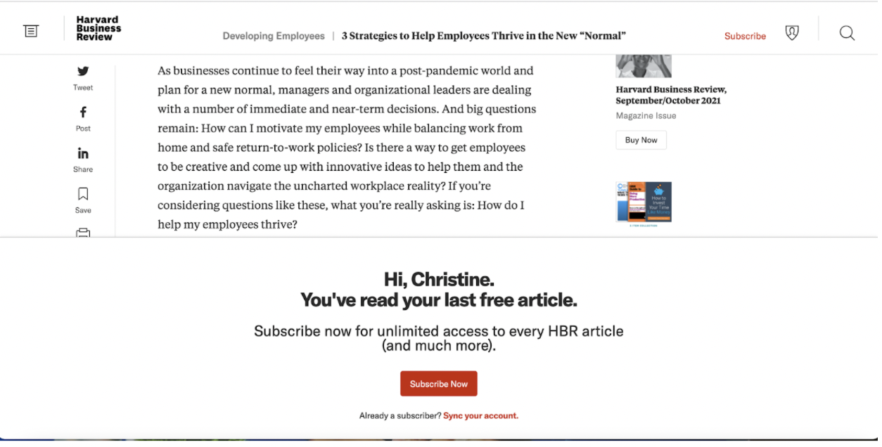 Harvard Business Review's monthly subscription popup