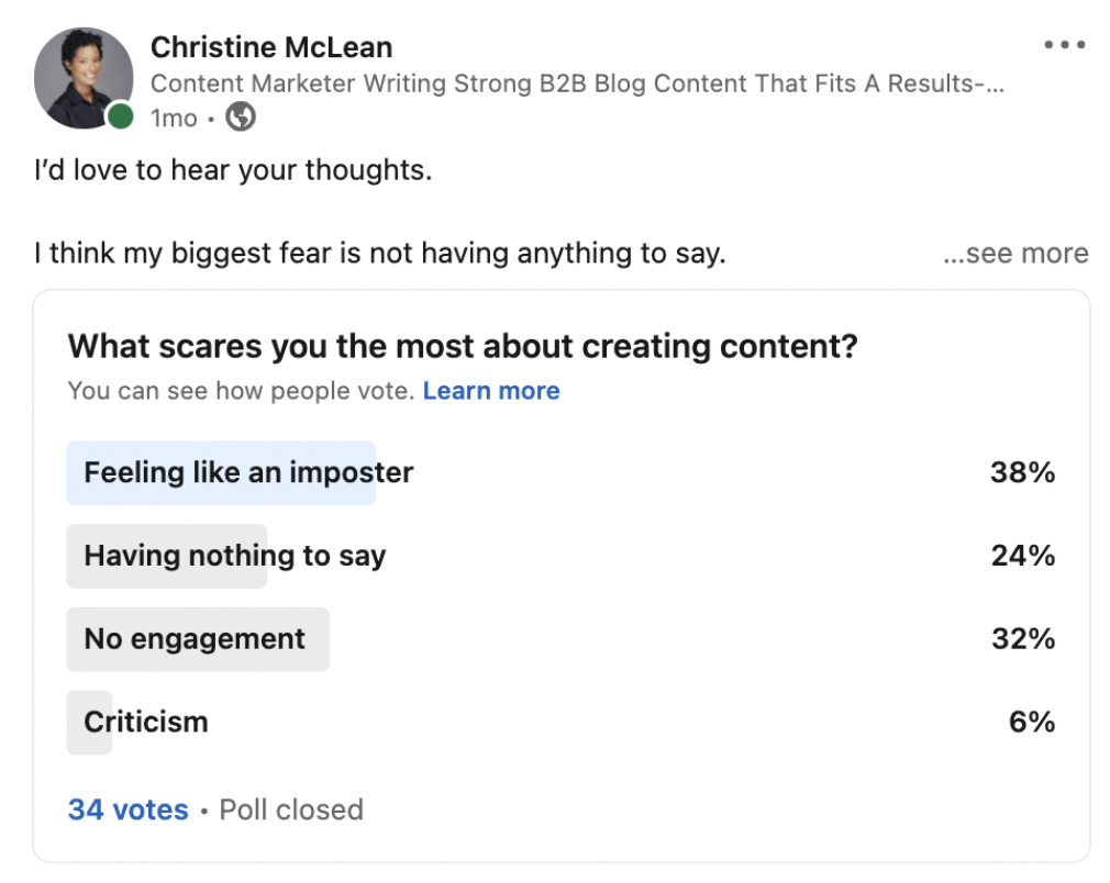 LinkedIn poll asking people what scares them the most about creating content