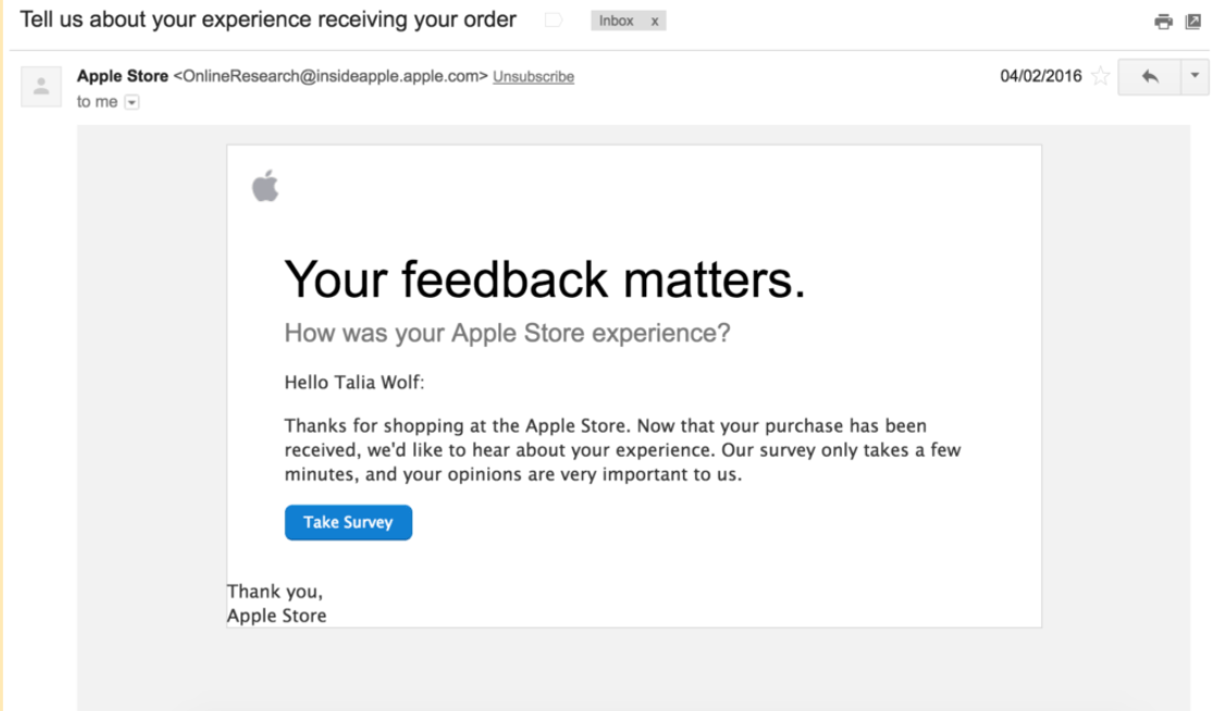 Customer survey from the Apple store.